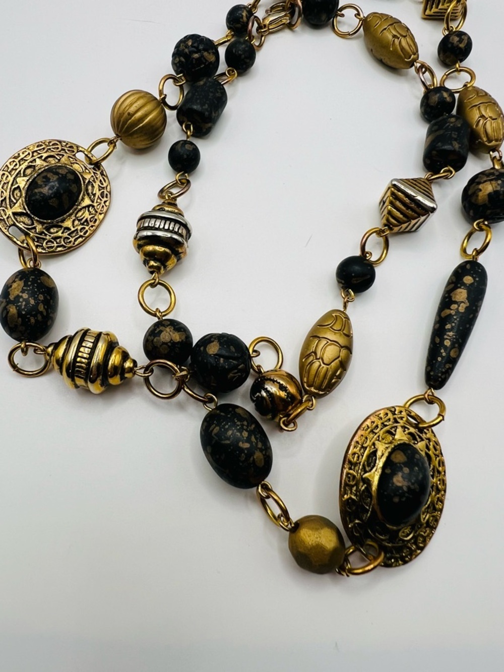 Vintage Black Gold Beaded Necklace Statement Chunky Mixed Beads Ornate
